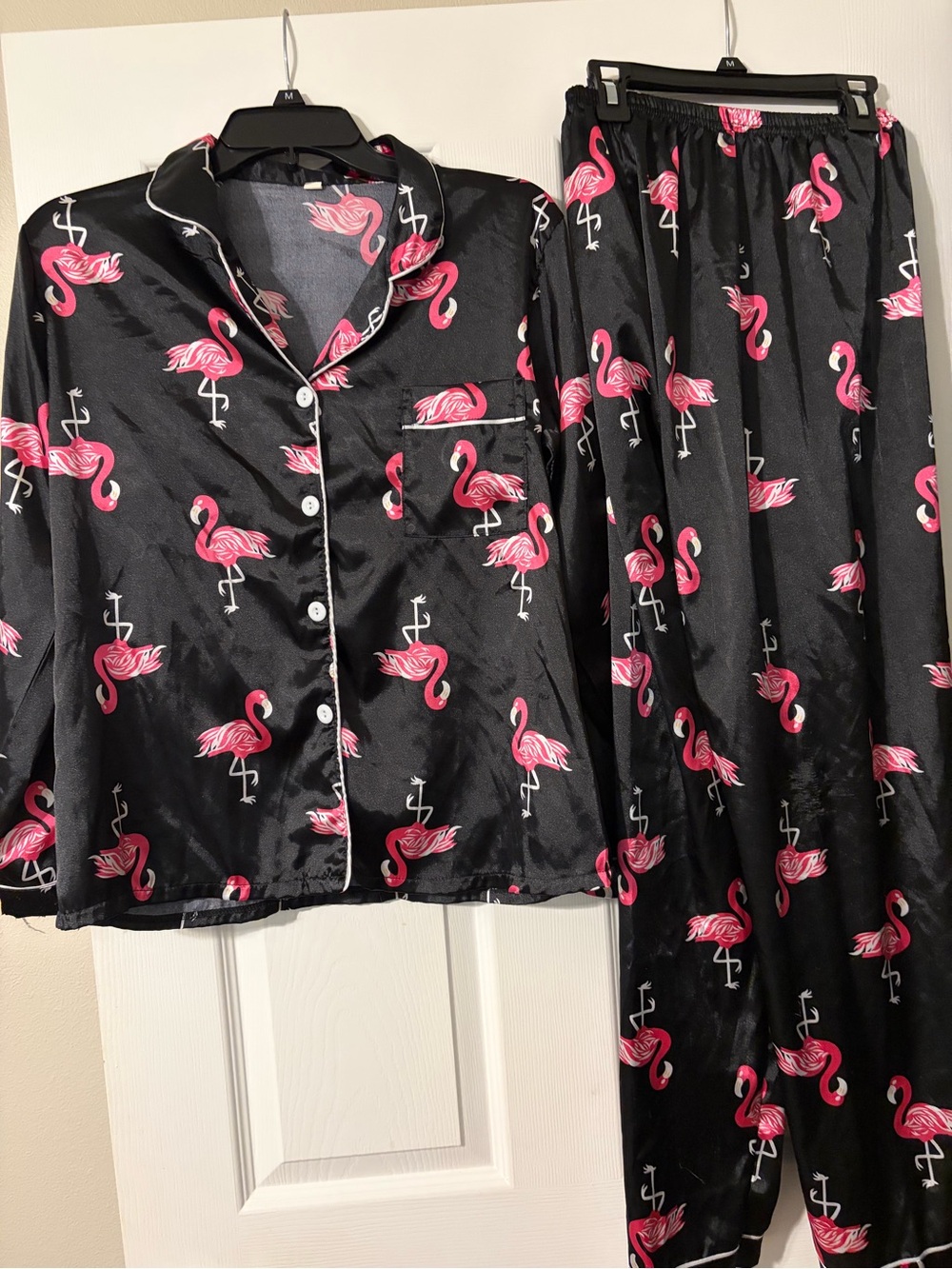 Black Satin Flamingo Print Pajama Set with Pink Accents